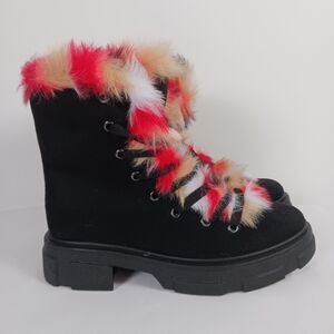 Bamboo Boots Size 6 Womens Black Multi Lace Up Puzzle-04 Side Zip Faux Fur New